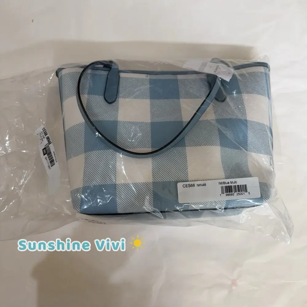 NWT Coach Medium City Tote Bag With Gingham Print And Charm CES66 Blue multi